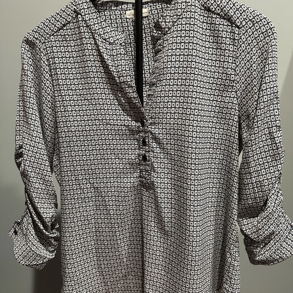 Antilia Femme Black and White Button Down Blouse with Mandarin Collar